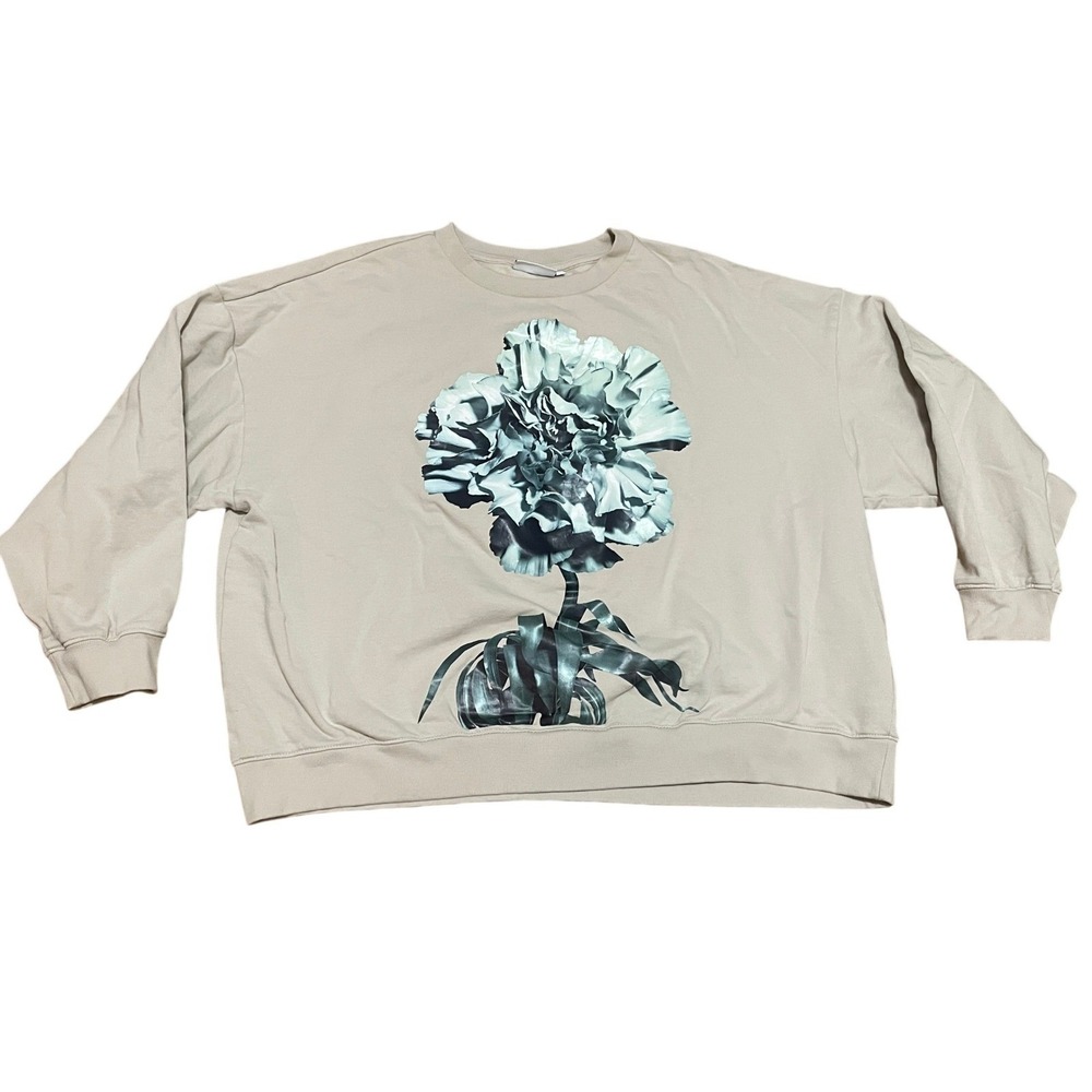 Weekday Loft Sweatshirt‎ Beige Green Floral Graphic Oversized Cotton Pullover Lg
